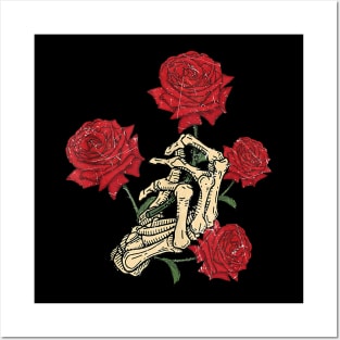 Skull Skeleton Hand With Red Roses for Men, Women Posters and Art